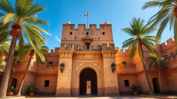 Ancient fortress entrance in sunny landscape, Last-Minute Travel Deals.