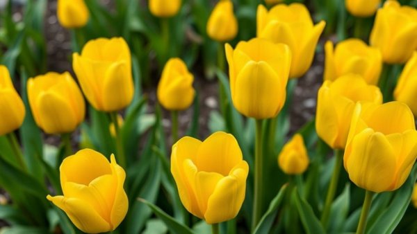 Yellow tulips in a lush garden, illustrating gardening in Calgary.
