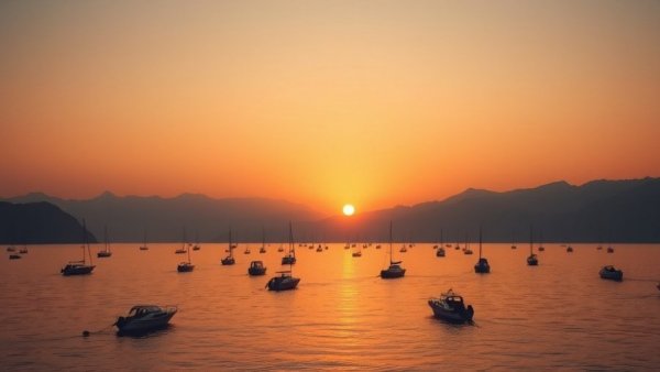 Sunset over calm sea with silhouetted boats and mountains, serene.
