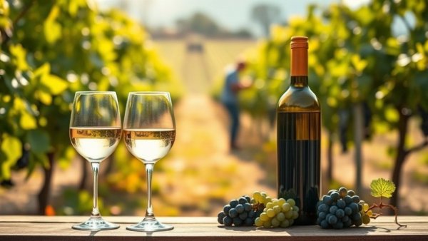 Spring white wines on tablecloth in vineyard setting.