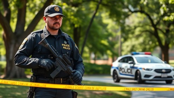 Tactical officer patrolling park near police car during daylight.