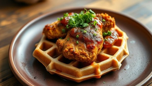 Weekend breakfast at The Nash: chicken and waffles topped with microgreens.