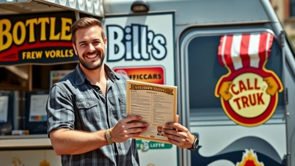 Bottlescrew Bill's food truck with man holding menu outside.
