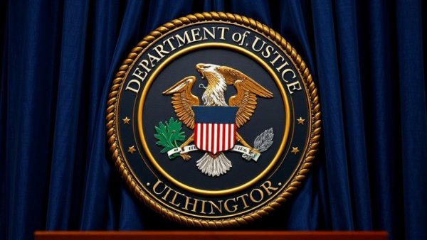 Department of Justice emblem in Washington amid blue backdrop.