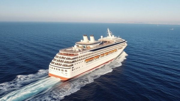 Cruise ship sailing near coastline, calm ocean view.