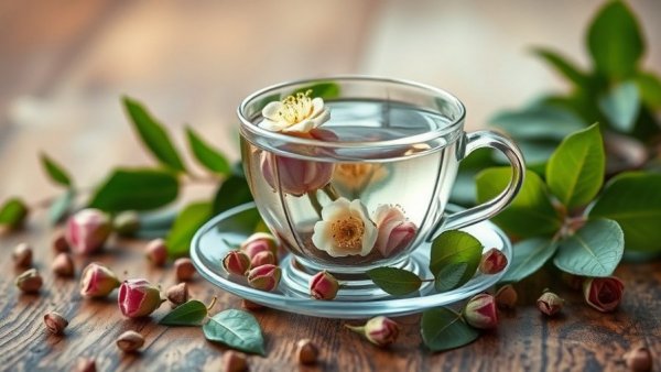 Glass teacup with blooming flowers and rosebuds, Calgary's tea scene.