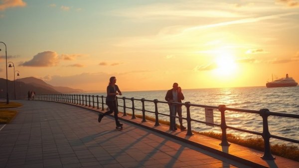 Best Places to Propose in British Columbia: Seaside walkway at sunset with rollerblader.
