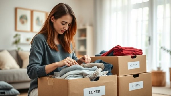 Woman sorting items into donate, keep, discard boxes for decluttering debt.