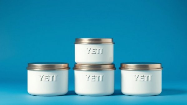 Sleek white YETI insulated food containers stacked on blue.