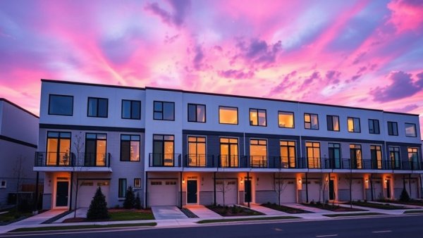 Modern sage townhomes ideal for hosting gatherings at twilight.