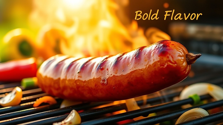 Bold Flavor: Grilled cooked sausages with vibrant peppers and onions, perfect for quick meals.