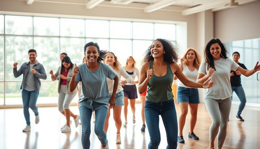 Group doing energetic Zumba session, colorful gym attire.