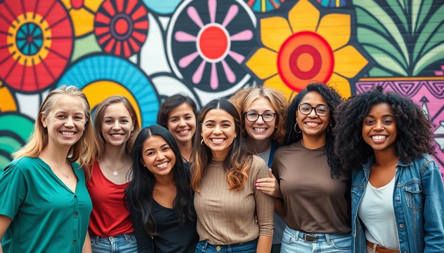 Group of women at Calgary event posing by colorful mural