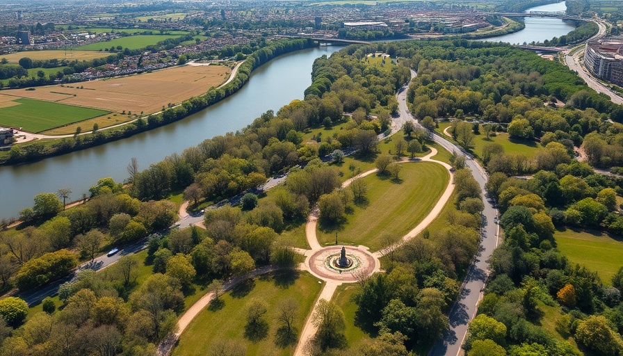 Aerial view of Calgary park with winding river, paths, and roads.