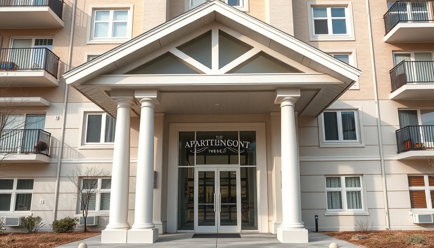 Calgary Real Estate: modern apartment entrance with columns and glass door.