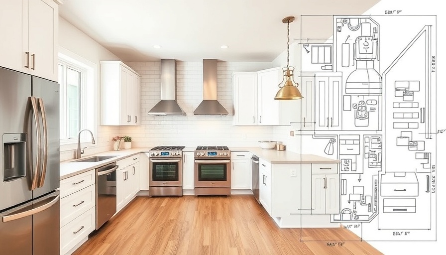 Modern kitchen renovation overlay on blueprint sketch, home value increase.