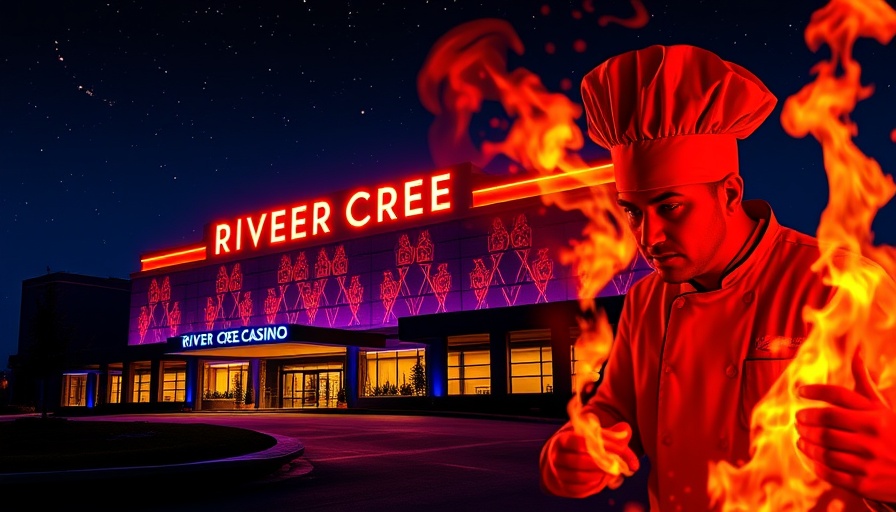 River Cree Casino beside chef portrait in fiery setting for Gordon Ramsay Hell’s Kitchen Edmonton.