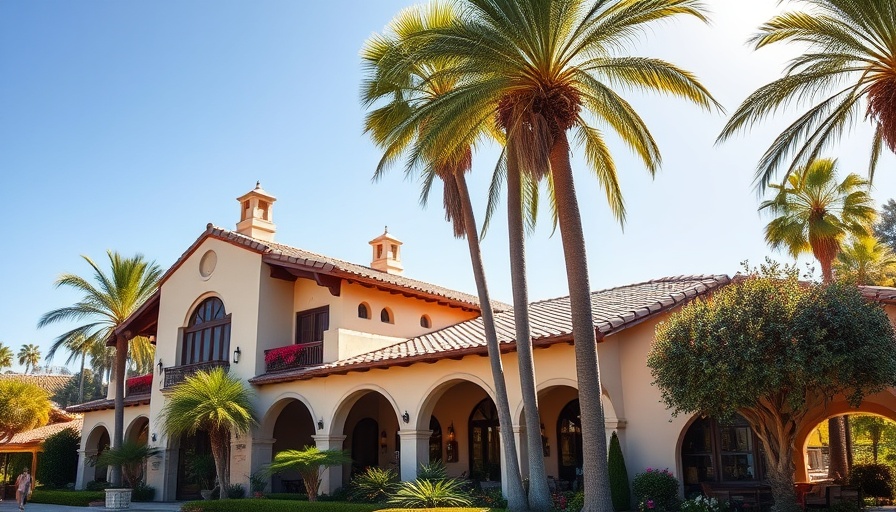 Charming Spanish-style Mason Beach Inn Santa Barbara amidst lush palm trees.