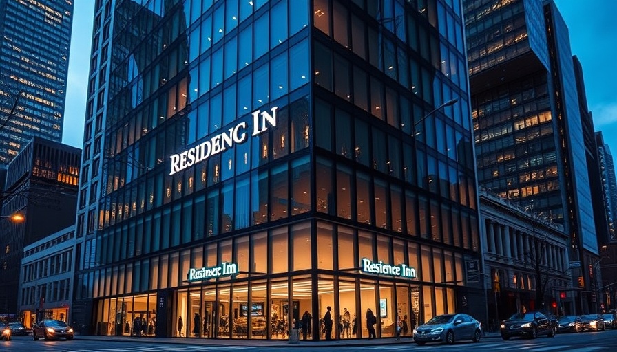 Modern glass facade of Residence Inn Toronto in evening light.