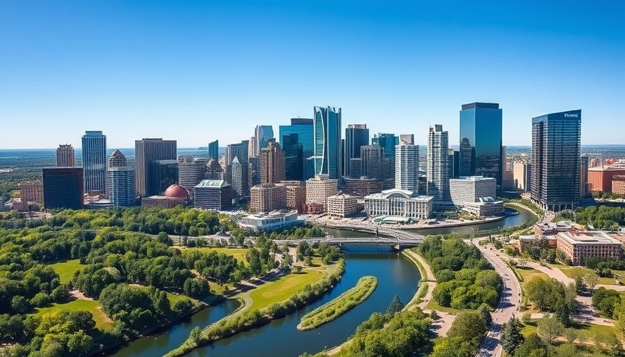Calgary skyline with skyscrapers and green spaces by Bow River.