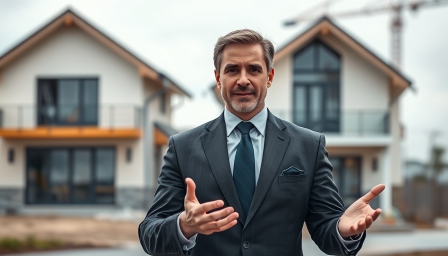 Businessman discusses Pre-Construction Investment in Calgary with house and construction site in background.