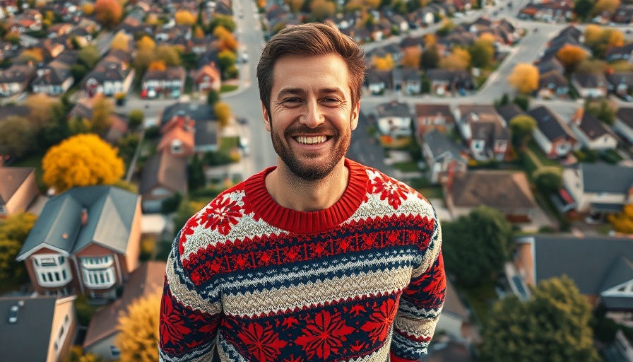Cheerful man discusses Calgary housing market 2025, suburban backdrop.