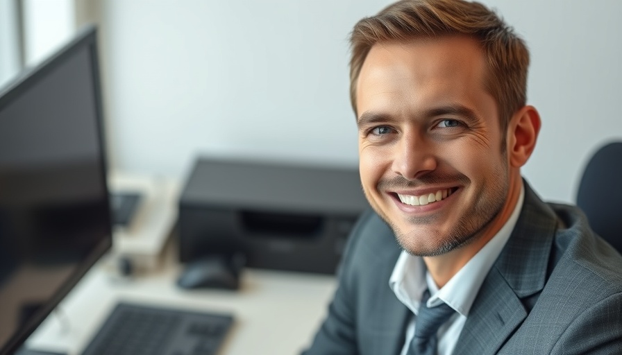 Smiling businessman discusses land title registration costs Alberta.