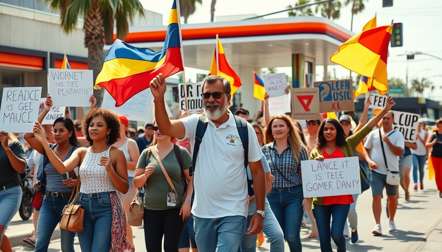 Diverse crowd during Los Angeles protests with signs and flags.