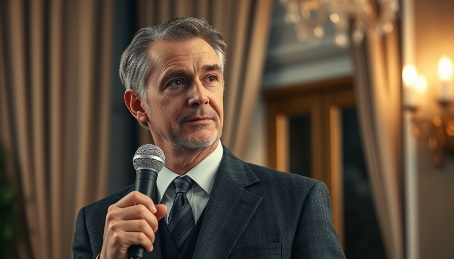 Middle-aged man holding microphone, thoughtful expression.