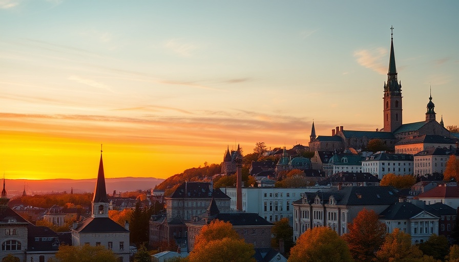 Quebec City skyline at sunset beside Quebec City road map, ideal for a Quebec City road trip.