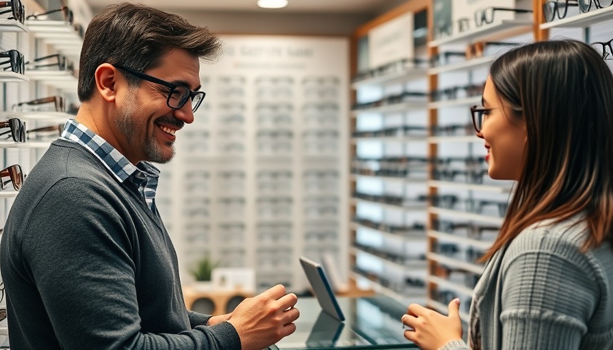 Optician assisting customer with glasses in bright optical store.