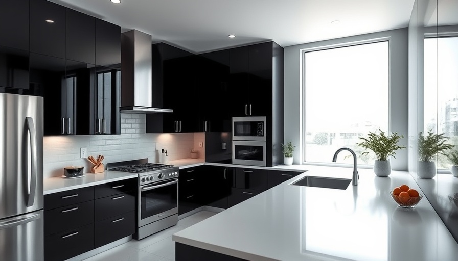 Modern kitchen with black cabinets and stainless steel appliances in Aspen 20 style.