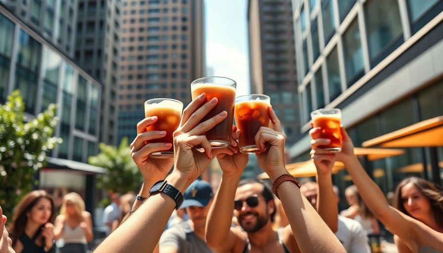 Group toasting iced coffees at Calgary patio, summer 2025 ambiance.