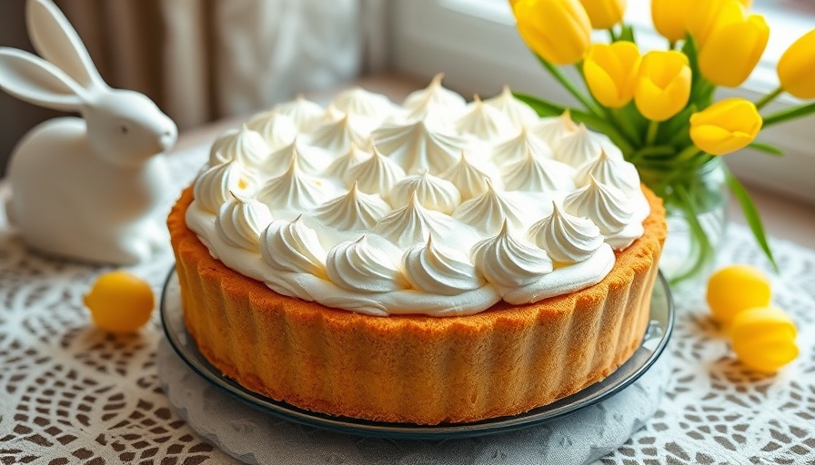 Calgary Pie Junkie lemon meringue pie on table with tulips.