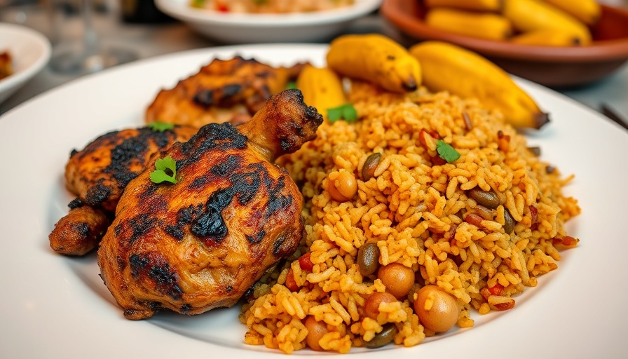 Nigerian cuisine with chicken, rice, and plantains in Calgary restaurant.