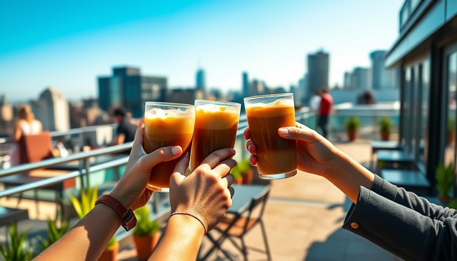 Celebrating with iced coffee at Concorde's patio, vibrant city scene.