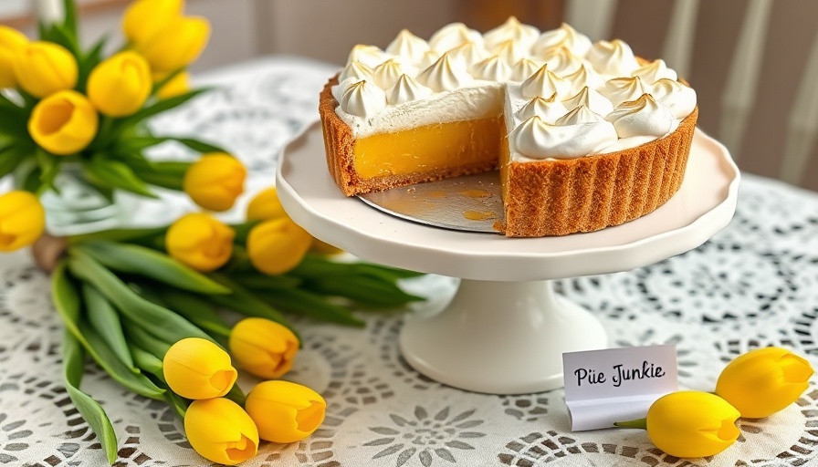 Pie Junkie lemon meringue pie on a white stand with yellow tulips.