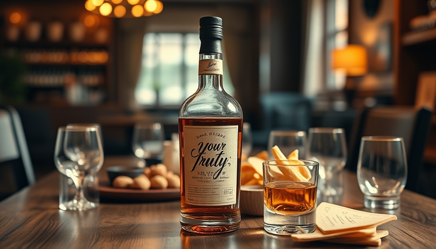 Yours Truly whisky bottle on table with soft natural light.