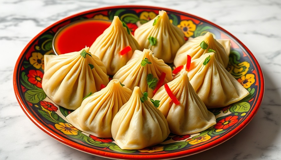 Vibrant plate of Nepali Momos with garnishes and sauce.