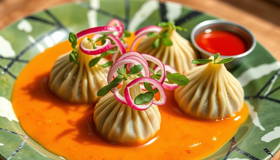 Colorful plate of Nepali momos with garnishes and sauce.