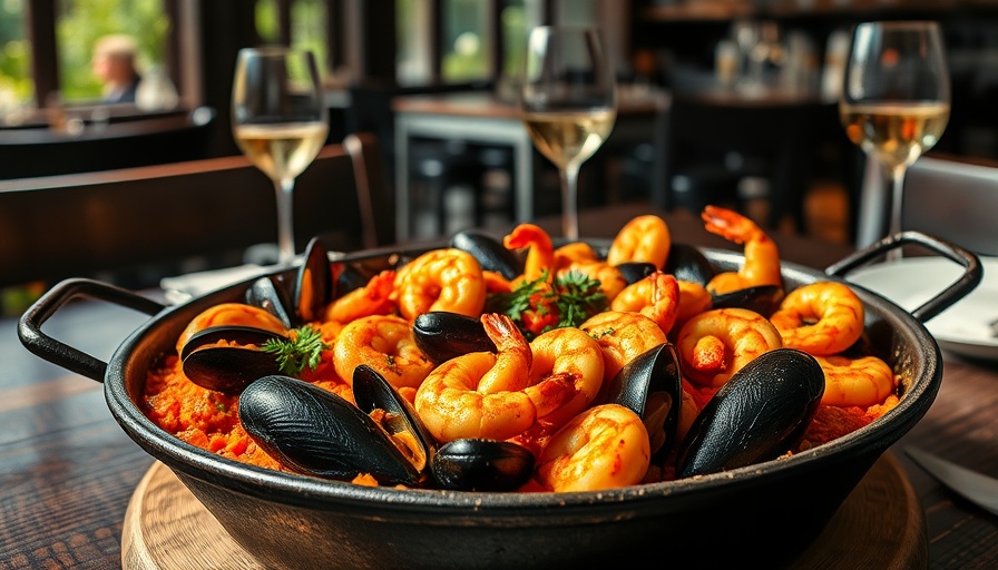 Bodega by Sabor Calgary seafood paella with wine on table.