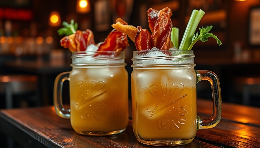Two Caear cocktails with bacon and celery garnishes on a wooden table