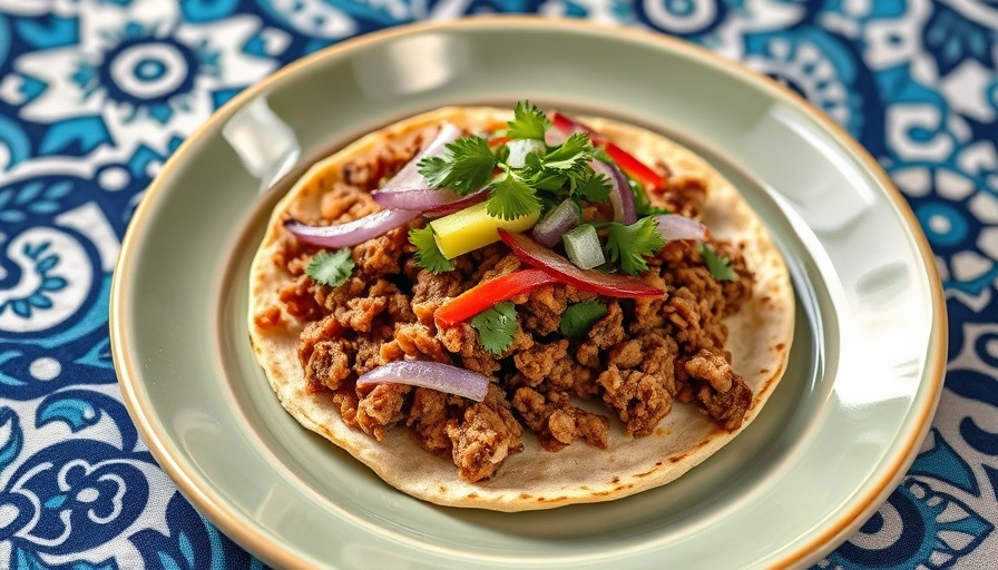 Ground pork tostada garnished with cilantro and onion.