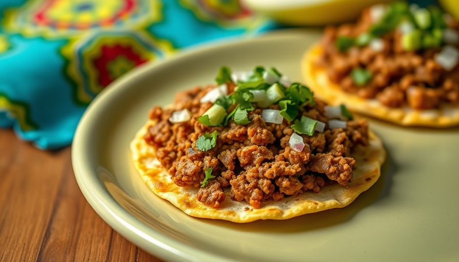 Simple ground pork tostada with cilantro and onion on a plate.