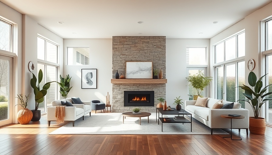 Modern living room in Logan Landing Calgary community with fireplace.