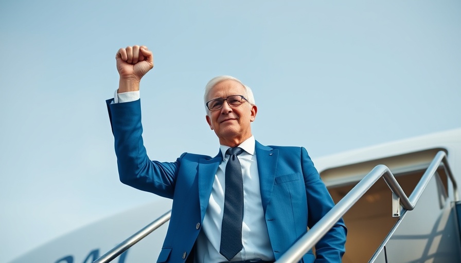 Confident man in blue suit at airplane with raised fist.