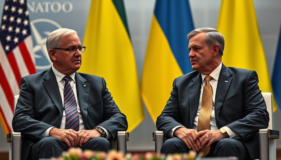 Officials discussing at NATO summit backdrop.
