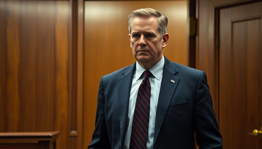 Man in courtroom appearing serious and focused.