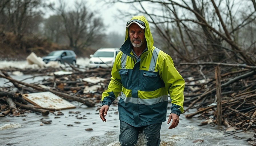 Person in rain gear among Texas flood debris, river in background.