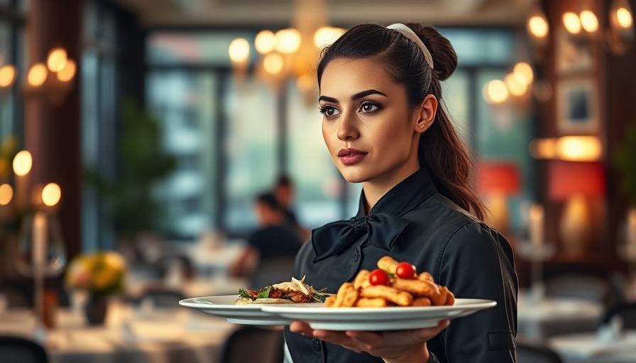 Waitress serving gourmet dishes in elegant restaurant setting.